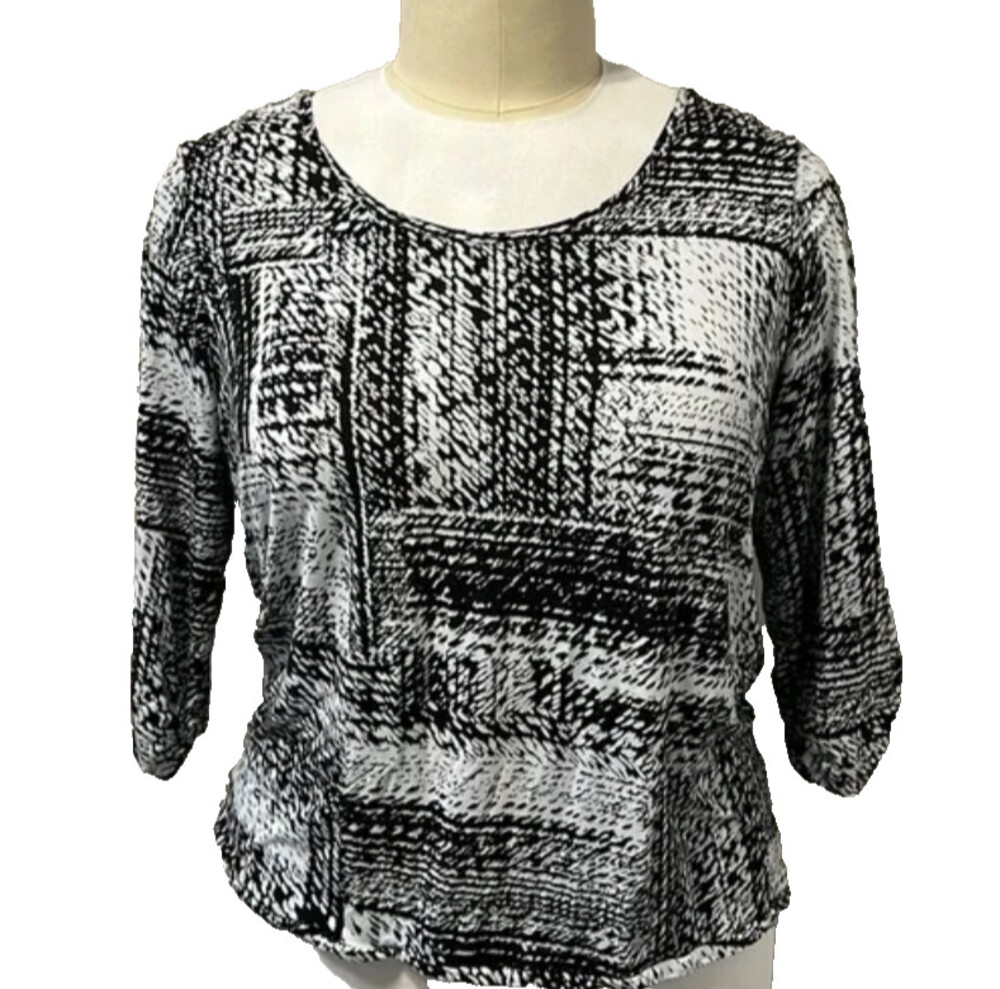 JM Collection Blouse Size 2X Black and White Grid Print 3/4 Sleeve